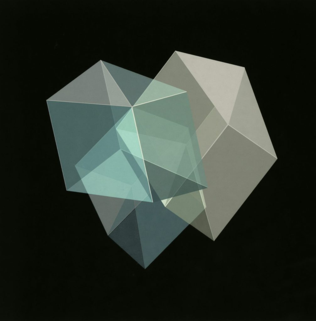 Geometric shapes overlap against a dark background.